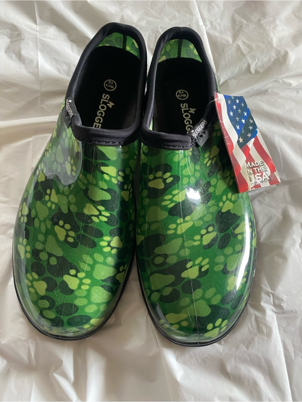 New! Sloggers Green Paw-Print Waterproof Clogs size 10